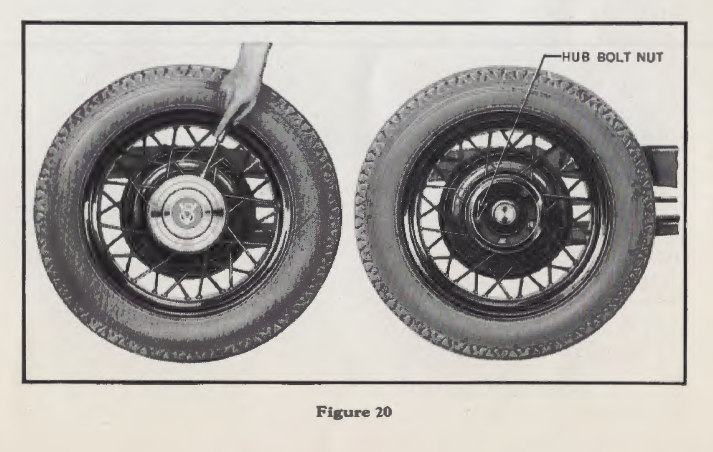Jack up front of car and with a screwdriver remove outer huh cap as shown in Fig. 20.
Remove the front wheel. 