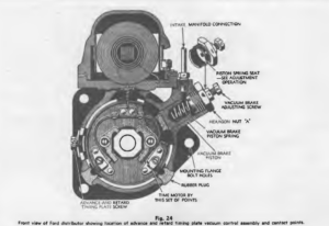 Front view of Ford distributor showing location of advance and retard timing plate vacuum control assembly and contact points.